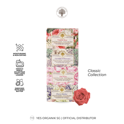 Set of floral soap bars with branding and product features on a white background