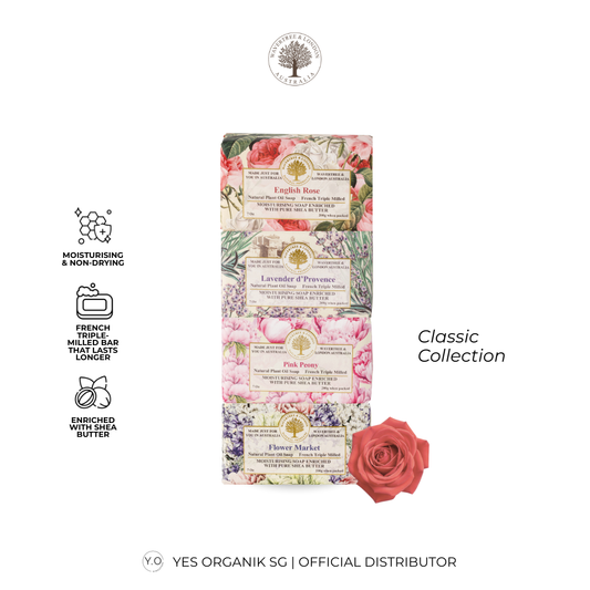 Set of floral soap bars with branding and product features on a white background