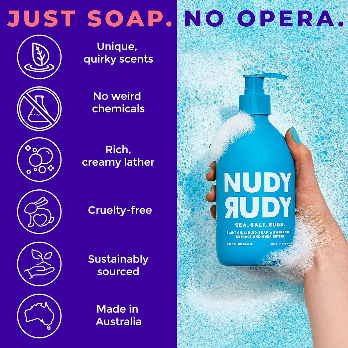 Nudy Rudy Sea Salt Suds Hand Wash | Aloe & Vitamin E | Moisturising & Suitable for All Skin Types