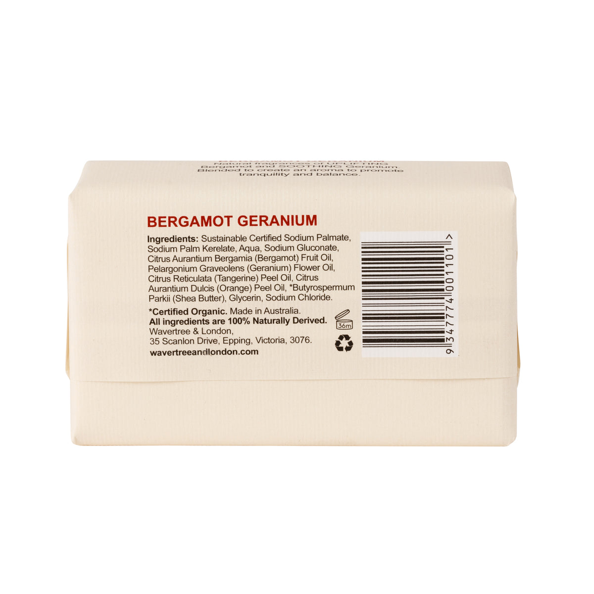 Wavertree & London Bergamot & Geranium Soap Bar | Moisturising Triple-Milled Bar with Shea Butter | 100% Naturally Derived