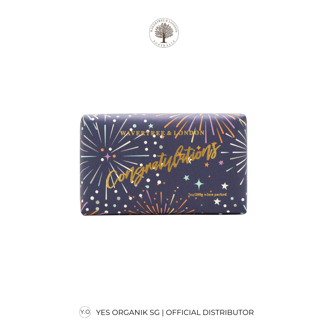 Soap bar with 'Congratulations' text and fireworks design on a white background
