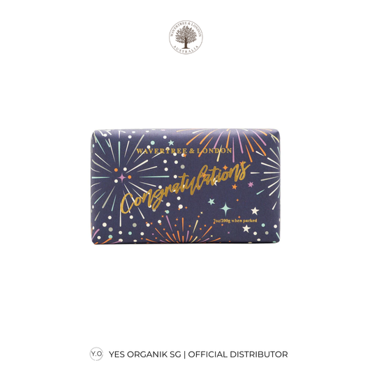 Soap bar with 'Congratulations' text and fireworks design on a white background