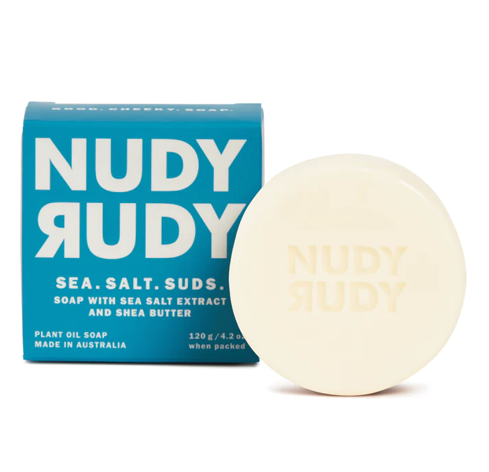 An assortment of Nudy Rudy bar soaps in various packaging, displayed against a yellow background with the text 'Get Your Fav Bundle!'.