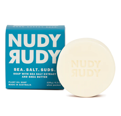 An assortment of Nudy Rudy bar soaps in various packaging, displayed against a yellow background with the text 'Get Your Fav Bundle!'.