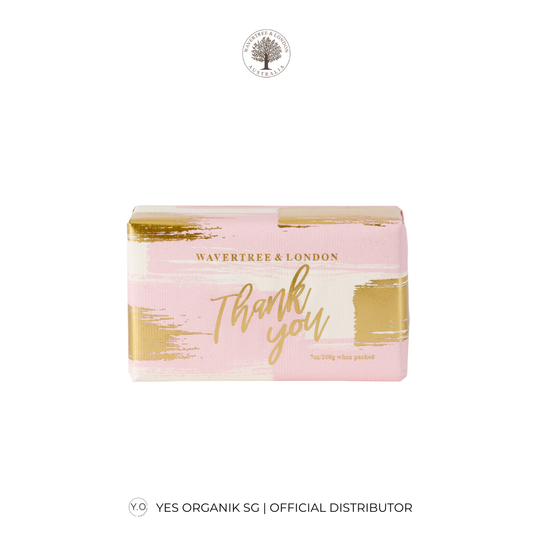 Bar of soap with 'Thank you' text on a pink and gold background, featuring the brand 'Wavertree & London'.