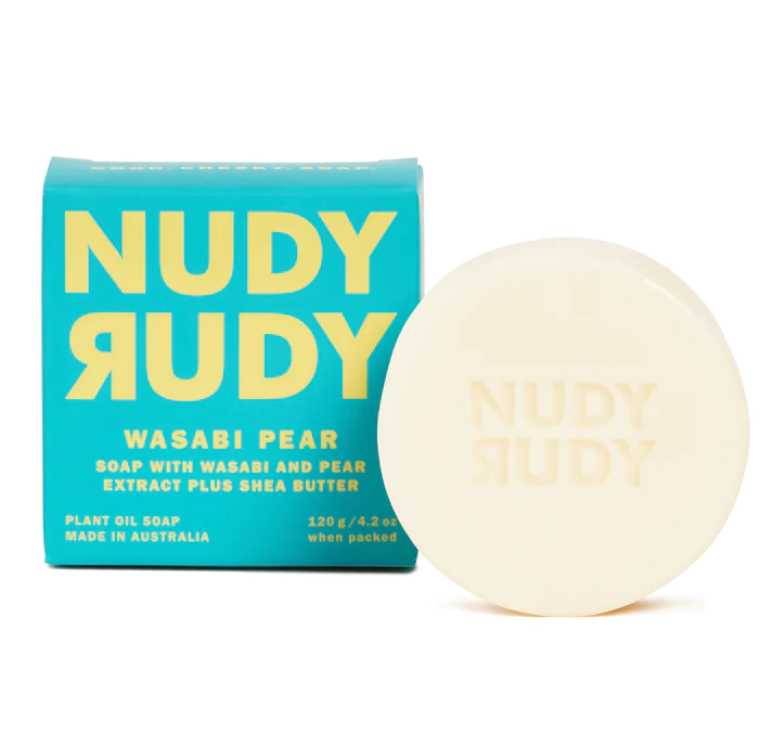 An assortment of Nudy Rudy bar soaps in various packaging, displayed against a yellow background with the text 'Get Your Fav Bundle!'.