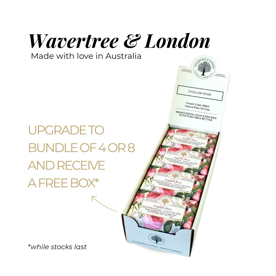 Wavertree & London soap packaging with promotional text on a white background